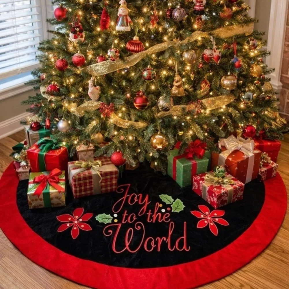 Absolutely Beautiful Red & Black Velvet Joy To The World Tree Skirt 46 Inch